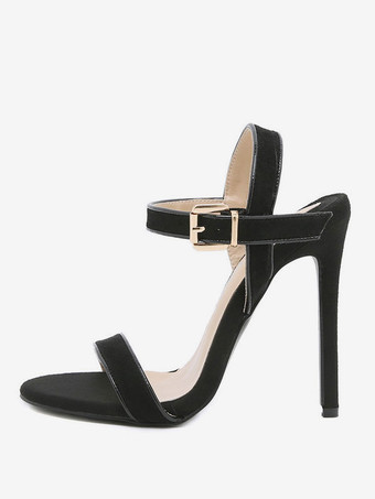 女性サマーサンダルスティレットヒールラウンドトゥマイクロスエードアッパーブラックサンダル