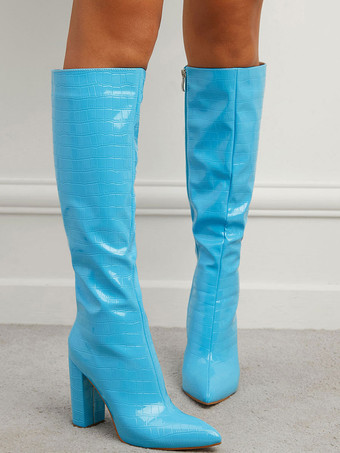 レディース クロコ型押しチャンキーヒール ニーハイブーツ