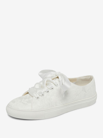 女性の結婚式の靴キャンバス ラウンド トゥ フラット ブライダル スニーカー シューズ