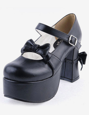 ロリィタシューズ チャンキーヒール ラウンドトゥ PU ブラック