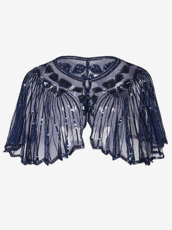 ダークネイビーレトロレディースケープ　2025　スパンコール　1920s　グレート・ギャツビー　フラッパーショールラップハロウィン