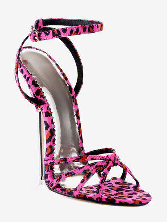 セクシーサンダル ヒョウ柄 スティレットヒール ローズレッド アンクルストラップ 