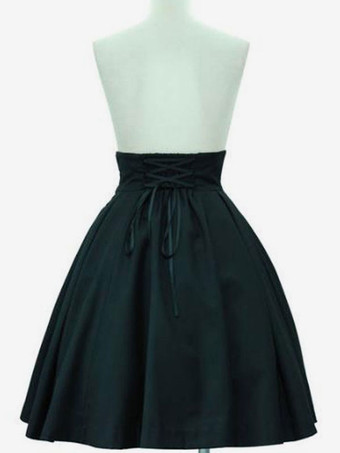 クラシックロリータSKグロメットレースアップブラックコットンロリータスカート