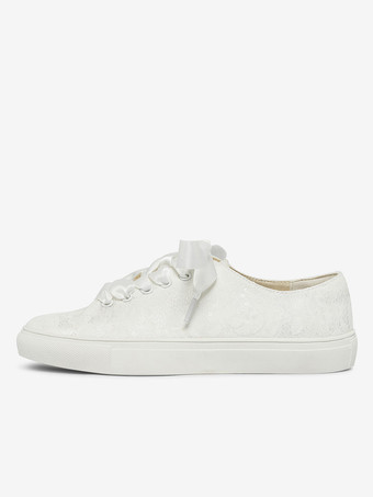 女性の結婚式の靴キャンバス ラウンド トゥ フラット ブライダル スニーカー シューズ