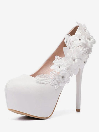 Sapatos De Casamento Branco Plataforma De Amêndoa Flores Frisado De Salto Alto Sapatos De Noiva