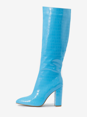 ライトスカイブルーレディース クロコ型押しチャンキーヒール ニーハイブーツ