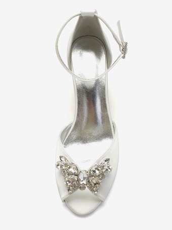 アイボリーのウェディングシューズサテンのぞき見つま先のラインストーンの分厚いかかとのブライダルシューズ