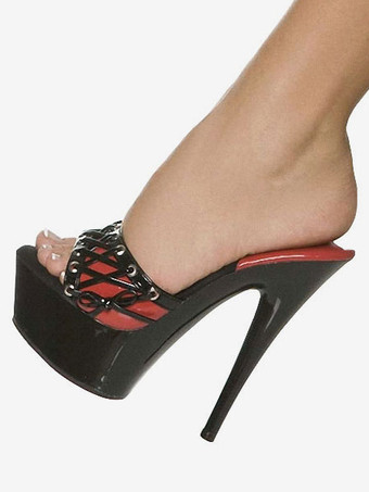 ブラック セクシー サンダル プラットフォーム ピープトゥ レースアップ スティレットヒール サンダル スリッパ レディース ハイヒール サンダル