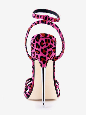 セクシーサンダル ヒョウ柄 スティレットヒール ローズレッド アンクルストラップ 