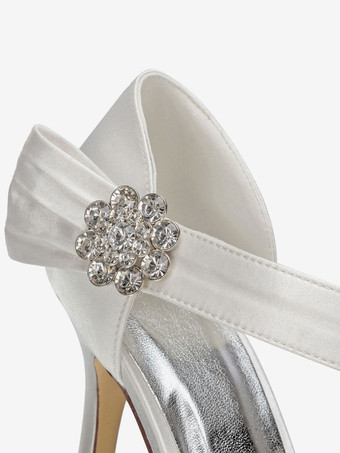 サテンウェディングシューズ　2025　アイボリー　オープントウ　ラインストーン　ハイヒールブライダルシューズ