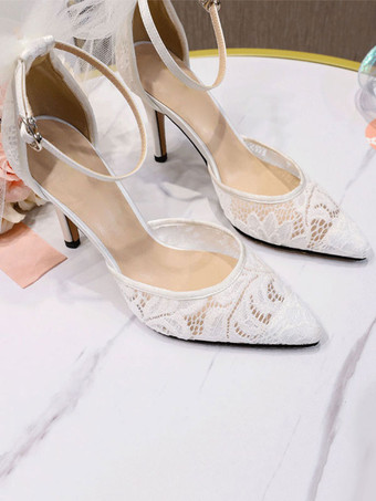 ウェディングヒールPUレザーホワイトポインテッドトゥボウスティレットヒールアンクルストラップヒール