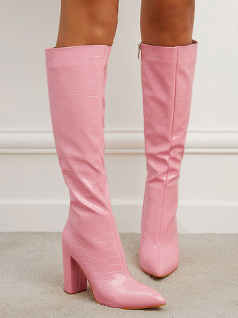 レディース クロコ型押しチャンキーヒール ニーハイブーツ