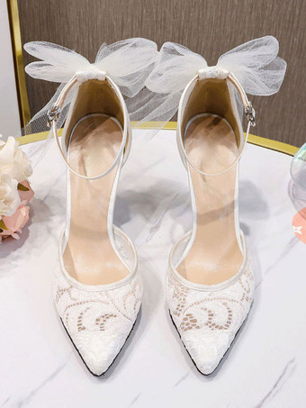 ウェディングヒールPUレザーホワイトポインテッドトゥボウスティレットヒールアンクルストラップヒール