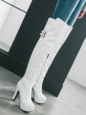 ニーハイブーツ レディース靴 PU ロングブーツ ブラック シューズ レディースブーツ シック＆モダン 12cm チャンキーヒール アーモンドトゥ 無地 アウトドア