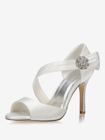 Satin Wedding Shoes Ivory Open Toe Rhinestones High Heel Bridal Shoes
