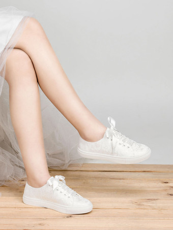 女性の結婚式の靴キャンバス ラウンド トゥ フラット ブライダル スニーカー シューズ