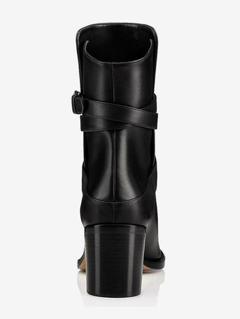 女性用ブラックブーツPUレザーラウンドトーバックルディテール分厚いヒールアンクルブーツ