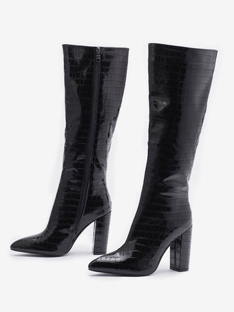 レディース クロコ型押しチャンキーヒール ニーハイブーツ