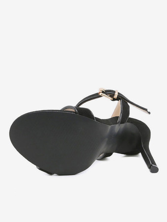 女性サマーサンダルスティレットヒールラウンドトゥマイクロスエードアッパーブラックサンダル