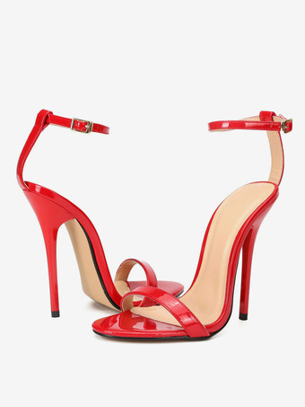 女性ハイヒールセクシーサンダルブラックPUレザーオープントゥアンクルストラップヒール