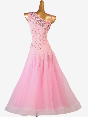 社交ダンスコスチュームピンクの女性のセクシーなポリエステルダンサーボディコンドレスラインストーンダンスウェア