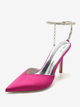 ローズレッド女性の結婚式の靴ラインストーンサテン先のとがったつま先スティレットヒールブライダルシューズ