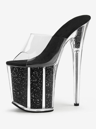 ブラック ポールダンスシューズ 女性用セクシーサンダル ローズレザー ピープトゥ プラットフォーム 透明 セクシー スリッパ ストリッパーシューズ