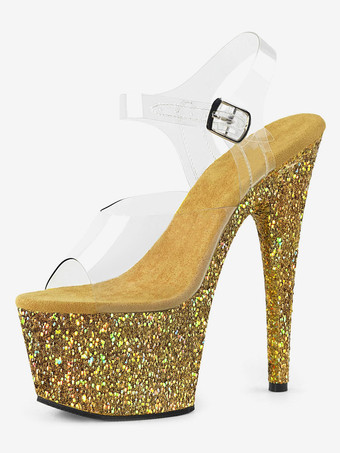 ライトゴールド女性のセクシーなサンダルライトゴールドPUレザーのぞき見つま先2.8プラットフォームサンダル ポールダンスシューズ