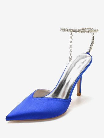 ロイヤルブルー女性の結婚式の靴ラインストーンサテン先のとがったつま先スティレットヒールブライダルシューズ