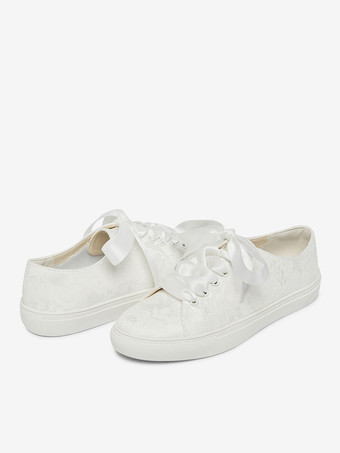 女性の結婚式の靴キャンバス ラウンド トゥ フラット ブライダル スニーカー シューズ