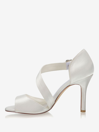 サテンウェディングシューズ　2025　アイボリー　オープントウ　ラインストーン　ハイヒールブライダルシューズ