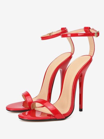 レッド 女性ハイヒールセクシーサンダルブラックPUレザーオープントゥアンクルストラップヒール