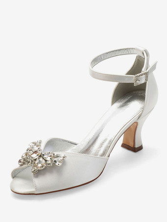 Sapatos de casamento de marfim cetim peep toe strass sapatos de salto robusto de noiva