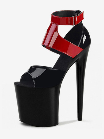 ブラック ハイヒール オープントゥ アンクルストラップヒール ポールダンスシューズ セクシーサンダル 透明PVC アッパー