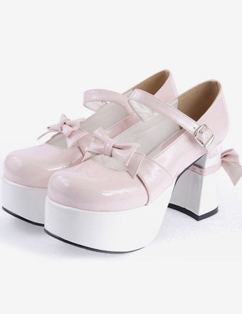 ピンク ロリィタシューズ チャンキーヒール ラウンドトゥ PU ブラック