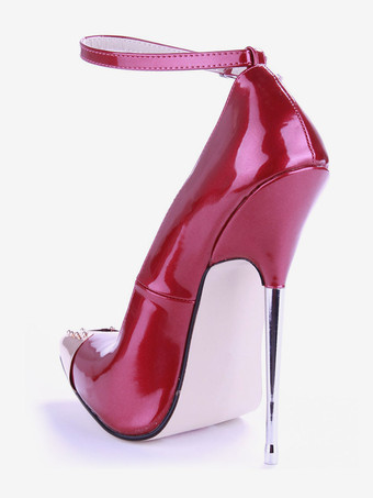 セクシーハイヒール パテントレザー ラインストーン アンクルストラップ ワインレッド 