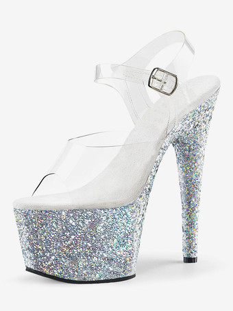 ホワイト 女性のセクシーなサンダルライトゴールドPUレザーのぞき見つま先2.8プラットフォームサンダル ポールダンスシューズ