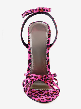 セクシーサンダル ヒョウ柄 スティレットヒール ローズレッド アンクルストラップ 