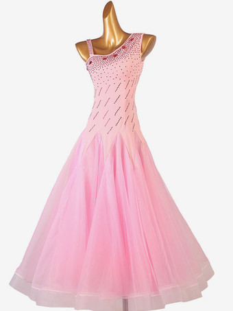 社交ダンスコスチュームピンクの女性のセクシーなポリエステルダンサーボディコンドレスラインストーンダンスウェア