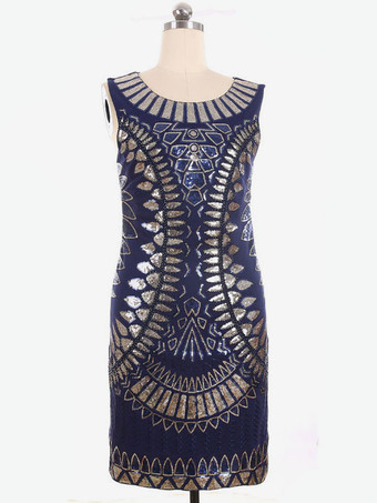 フラッパードレス ブルー スパンコール エスニック パターン 1920 年代 レトロ コスチューム ドレス