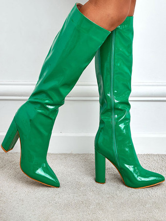 レディース クロコ型押しチャンキーヒール ニーハイブーツ