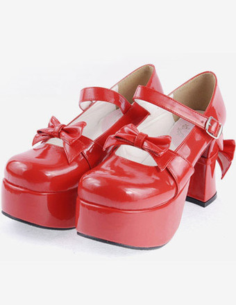 レッド ロリィタシューズ チャンキーヒール ラウンドトゥ PU ブラック