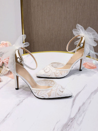 ウェディングヒールPUレザーホワイトポインテッドトゥボウスティレットヒールアンクルストラップヒール
