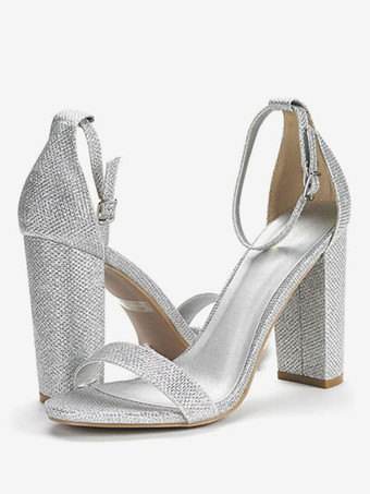 シルバー 女性のアンクルストラップウエディングシューズチャンキーヒールホームカミングサンダル