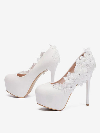 ウェディングシューズプラットフォームアーモンドフラワービーズハイヒールブライダルシューズ ホワイト