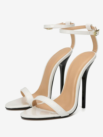 ホワイト 女性ハイヒールセクシーサンダルブラックPUレザーオープントゥアンクルストラップヒール