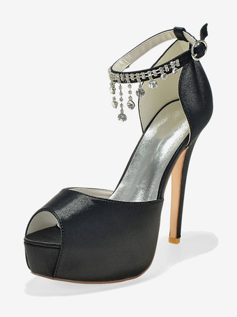 ブラック ウェディング シューズ サテン ホワイト ピープトウ チェーン スティレット ヒール アンクル ストラップ ブライダル シューズ