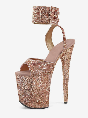 薄栗色ハイヒール ピープトゥ スティレット ポールダンスシューズ セクシーなサンダル PUレザー