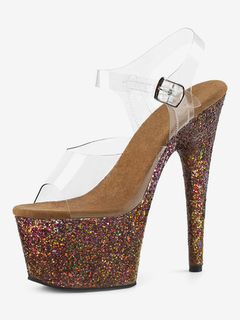 ブラウン 女性のセクシーなサンダルライトゴールドPUレザーのぞき見つま先2.8プラットフォームサンダル ポールダンスシューズ