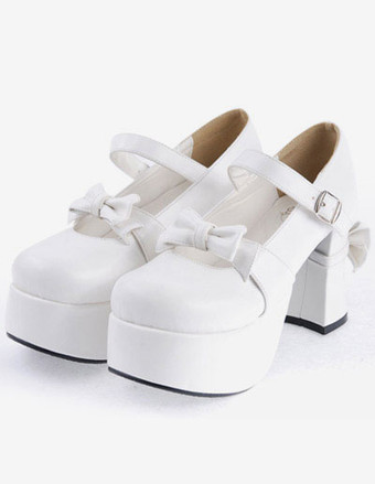 ホワイト ロリィタシューズ チャンキーヒール ラウンドトゥ PU ブラック